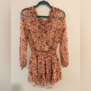 LoveShackFancy SILK Peach Floral Smocked Waist Dress with Long Sleeves